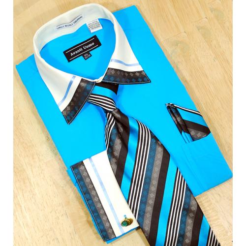 Avanti Uomo Turquoise / Cream With Embroidered Design Shirt/Tie/Hanky Set DN41M